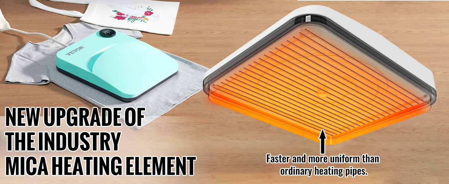 VEVOR-Heißpressmaschine mit Glimmerheizelement auf einem T-Shirt, präsentiert das neue Branchen-Upgrade.