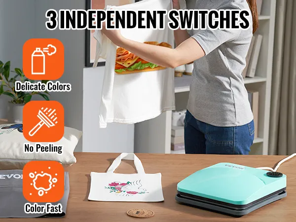 VEVOR-Heißpressmaschine neben einer Tragetasche mit farbenfrohem Vogeldesign, das kein Abblättern und leuchtende Farben gewährleistet.