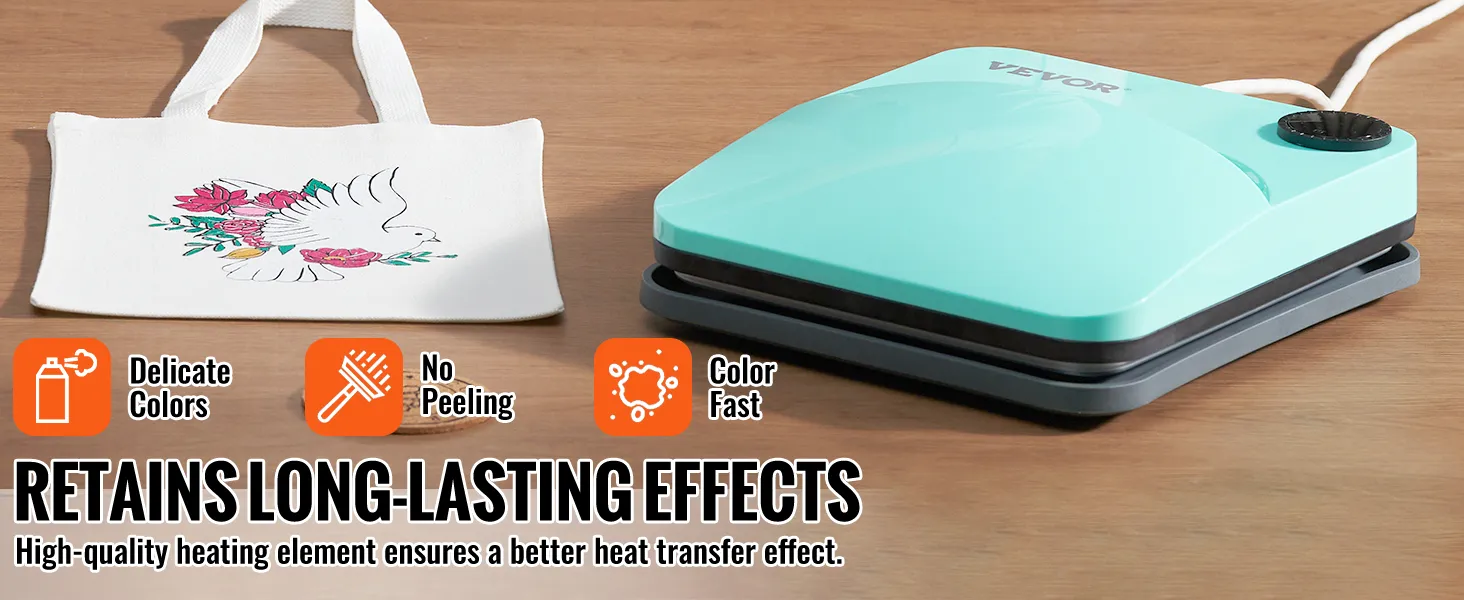 VEVOR-Heißpressmaschine neben einer Tragetasche mit farbenfrohem Vogeldesign, das kein Abblättern und leuchtende Farben gewährleistet.