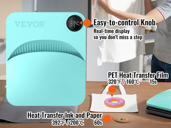 VEVOR-Heißpressmaschine mit leicht zu bedienendem Drehknopf, Wärmeübertragungstinte und -papier und Wärmeübertragungsfolie für Haustiere.