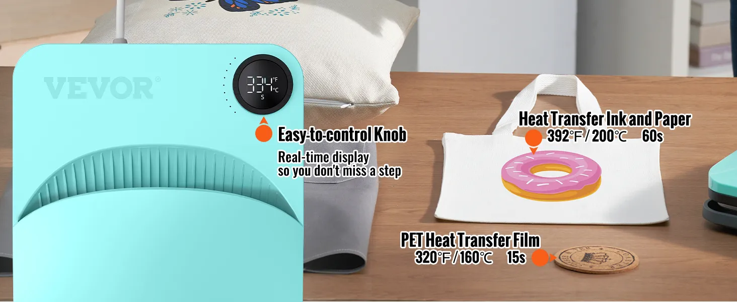 VEVOR-Heißpressmaschine mit leicht zu bedienendem Drehknopf, Wärmeübertragungstinte und -papier und Wärmeübertragungsfolie für Haustiere.