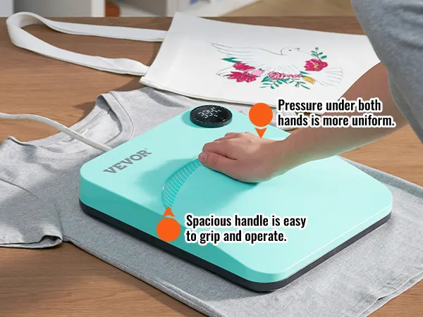 VEVOR-Heißpressmaschine mit großem Griff, gleichmäßigem Druck und einfacher Bedienung für den Stoffdruck.