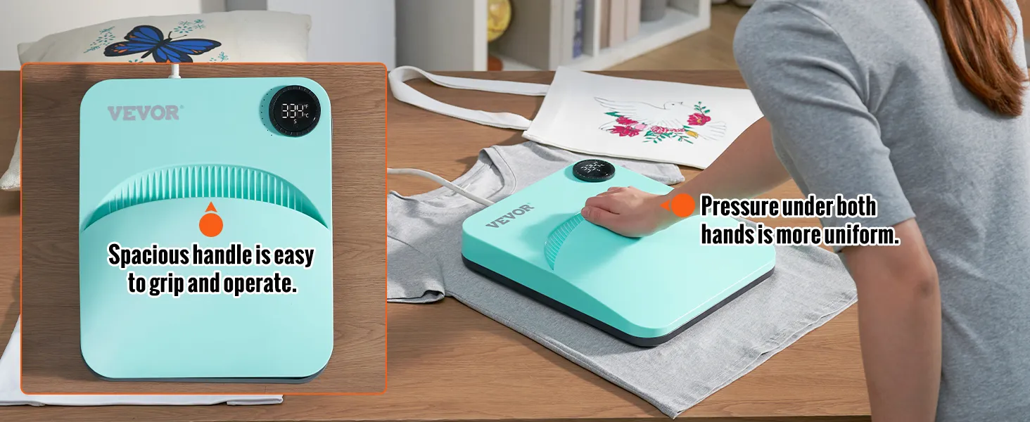 VEVOR-Heißpressmaschine mit großem Griff, gleichmäßigem Druck und einfacher Bedienung für den Stoffdruck.