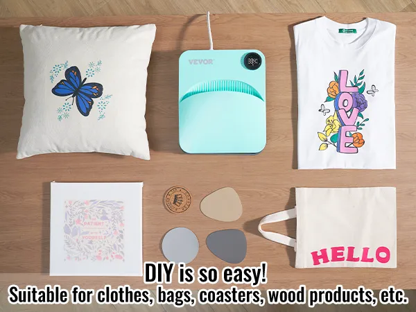VEVOR-Heißpressmaschine für DIY-Artikel wie Kleidung, Taschen, Untersetzer, Holzprodukte und Aufkleber.