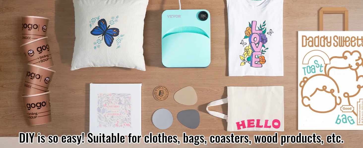 VEVOR-Heißpressmaschine für DIY-Artikel wie Kleidung, Taschen, Untersetzer, Holzprodukte und Aufkleber.