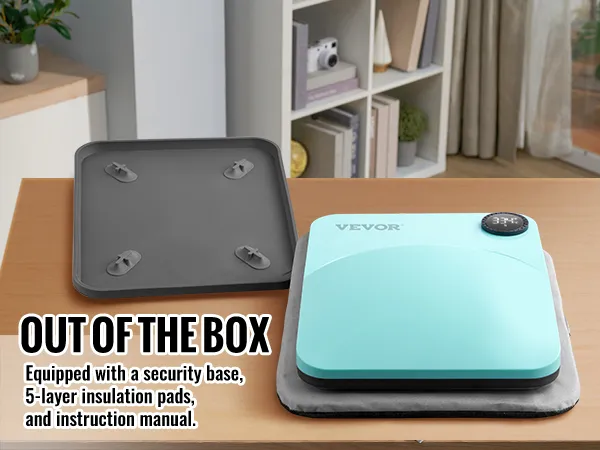 VEVOR-Heißpressmaschine mit Sicherheitssockel und Isolierpads auf einem Holztisch.
