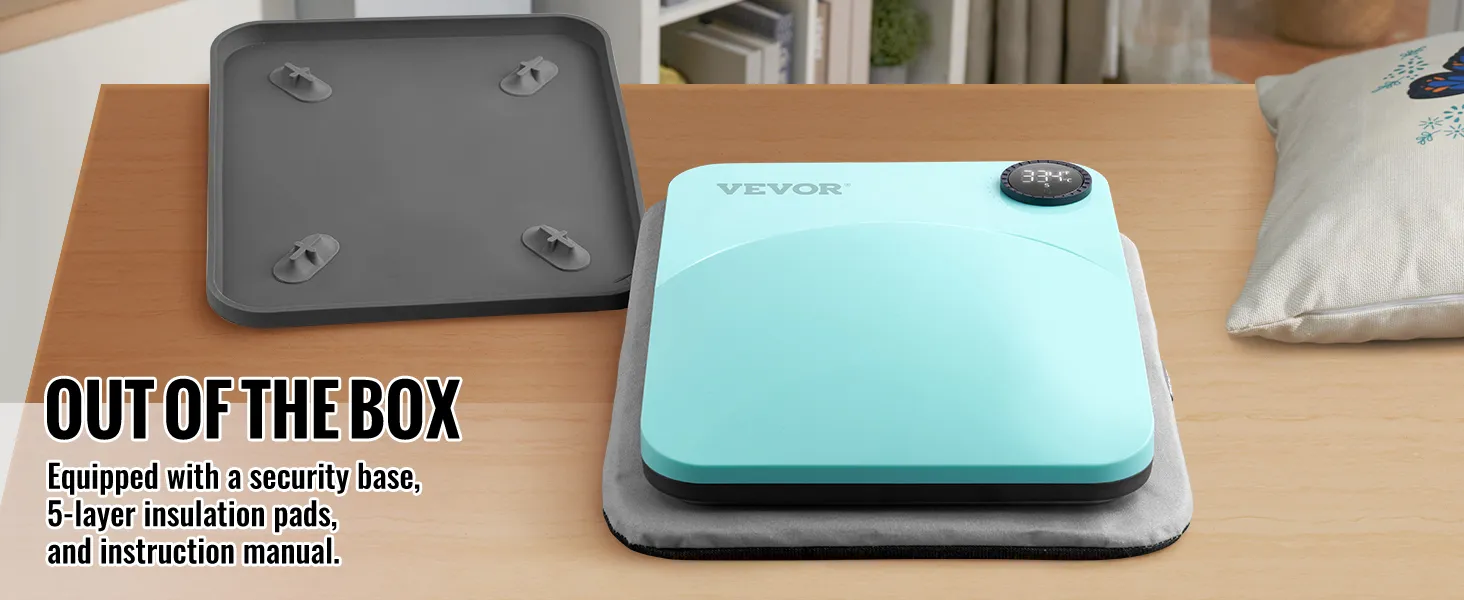 VEVOR-Heißpressmaschine mit Sicherheitssockel und Isolierpads auf einem Holztisch.