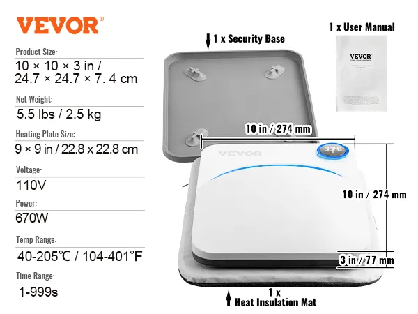 Máquina de prensado en caliente VEVOR con accesorios, tamaño de 10 x 10 pulgadas, pantalla digital, potencia de 670 W, rango de temperatura de 104 a 401 °F