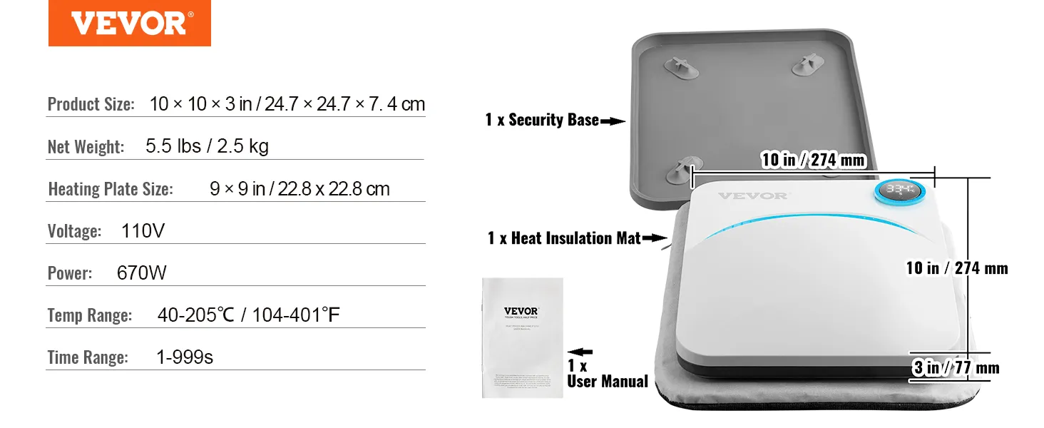 Máquina de prensado en caliente VEVOR con accesorios, tamaño de 10 x 10 pulgadas, pantalla digital, potencia de 670 W, rango de temperatura de 104 a 401 °F