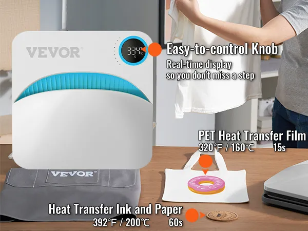 Máquina de prensado térmico VEVOR con perilla de fácil control, pantalla en tiempo real, película de transferencia de calor y tinta.