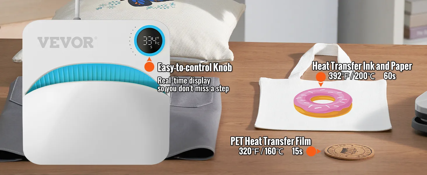 Máquina de prensado térmico VEVOR con perilla de fácil control, pantalla en tiempo real, película de transferencia de calor y tinta.