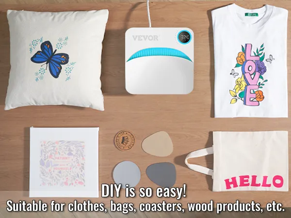 Proyectos de bricolaje con la máquina de prensado térmico VEVOR, ideal para imprimir en ropa, bolsos, posavasos y más.