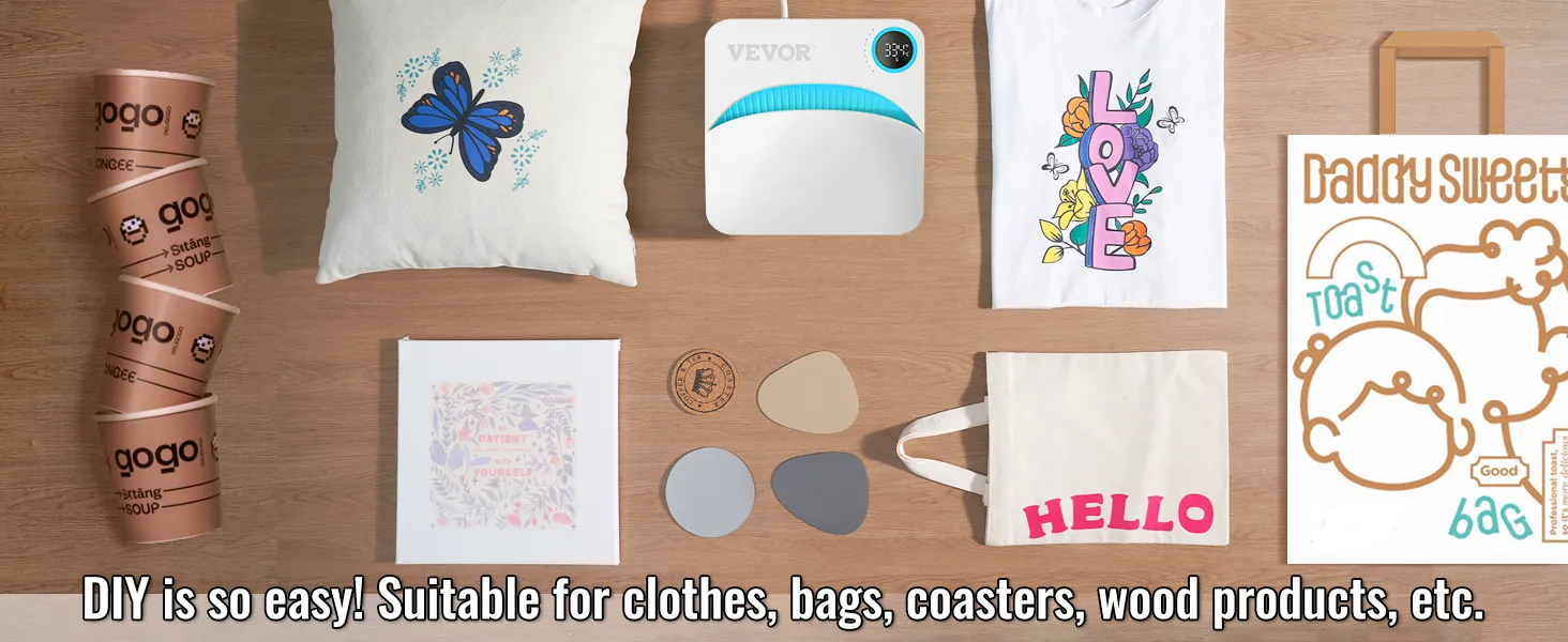 Proyectos de bricolaje con la máquina de prensado térmico VEVOR, ideal para imprimir en ropa, bolsos, posavasos y más.