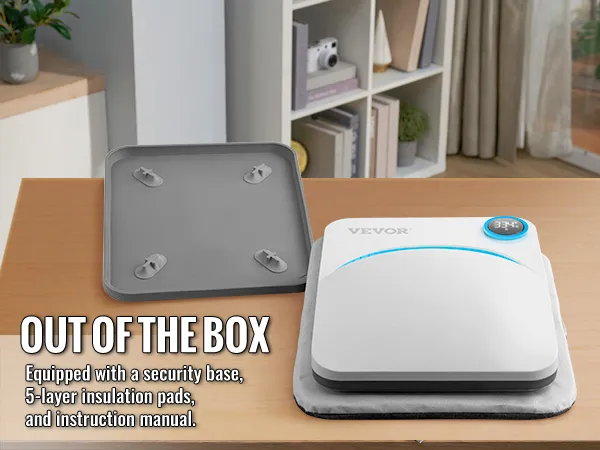 Máquina de prensado térmico VEVOR sobre mesa con base de seguridad y almohadillas aislantes.