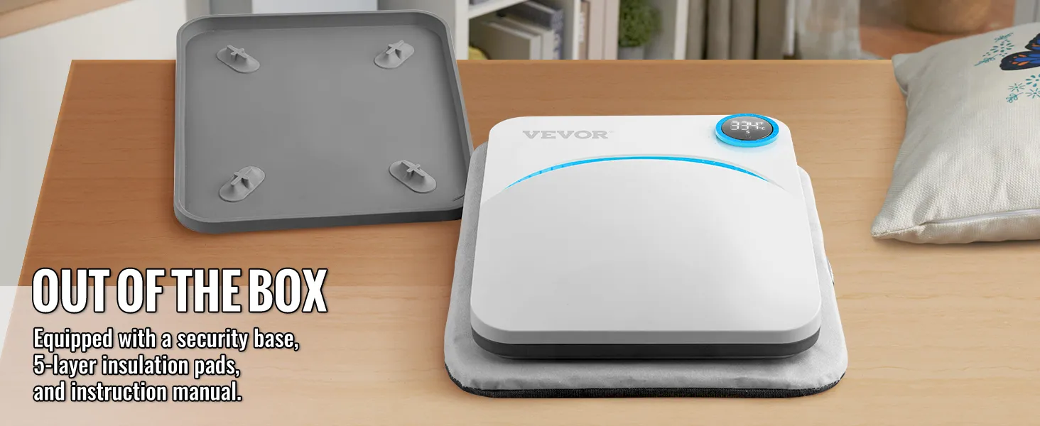 Máquina de prensado térmico VEVOR sobre mesa con base de seguridad y almohadillas aislantes.