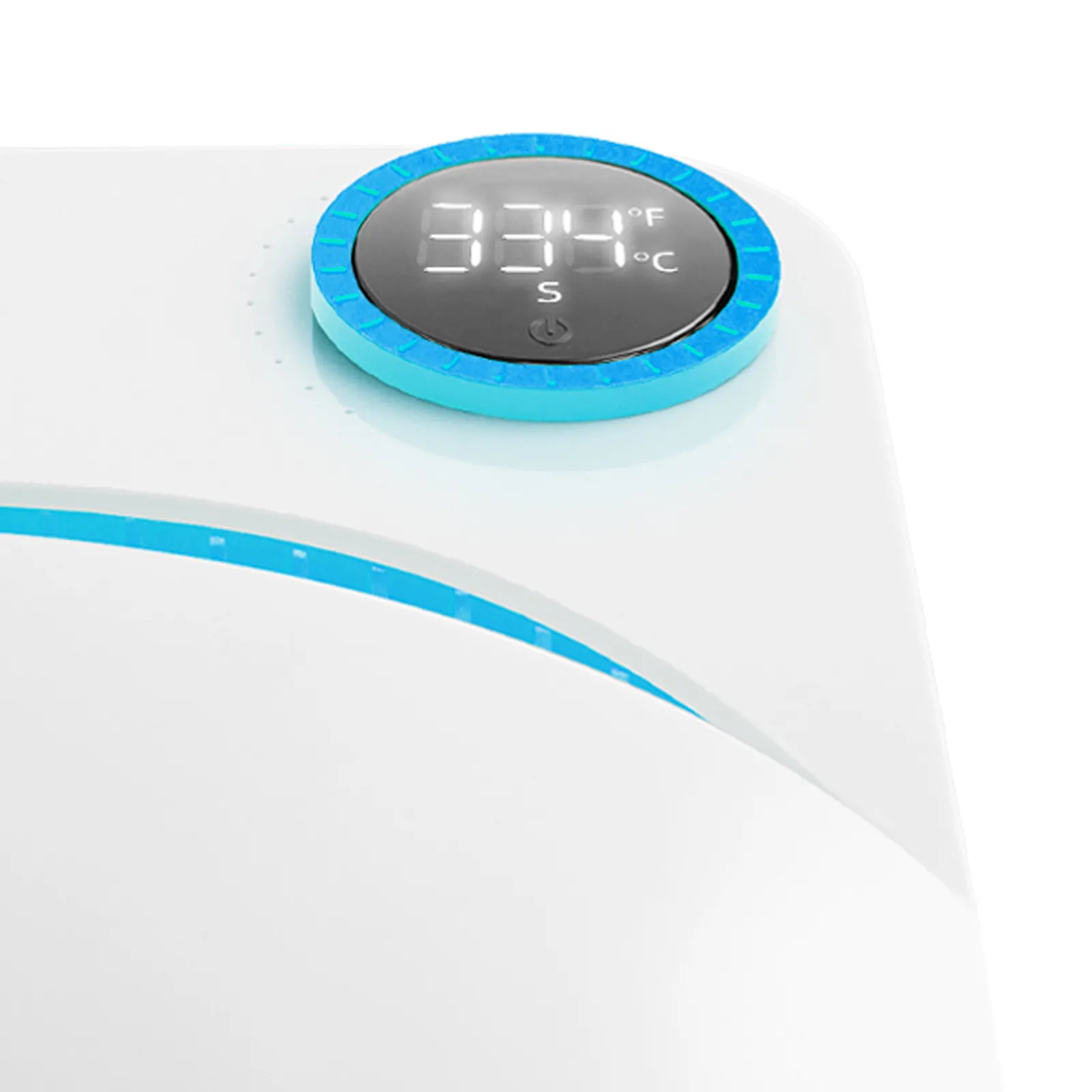 Máquina de prensado térmico VEVOR con pantalla digital que muestra la temperatura en grados Fahrenheit y Celsius con detalles azules.