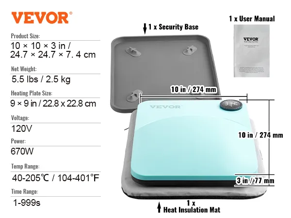 VEVOR heat press machine, 10x10 in size, 120v, 670w power, with security base, insulation mat, and user manual.