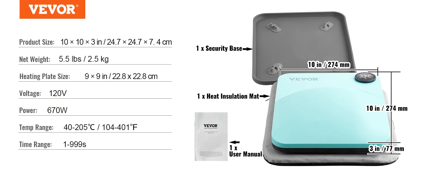 VEVOR heat press machine, 10x10 in size, 120v, 670w power, with security base, insulation mat, and user manual.