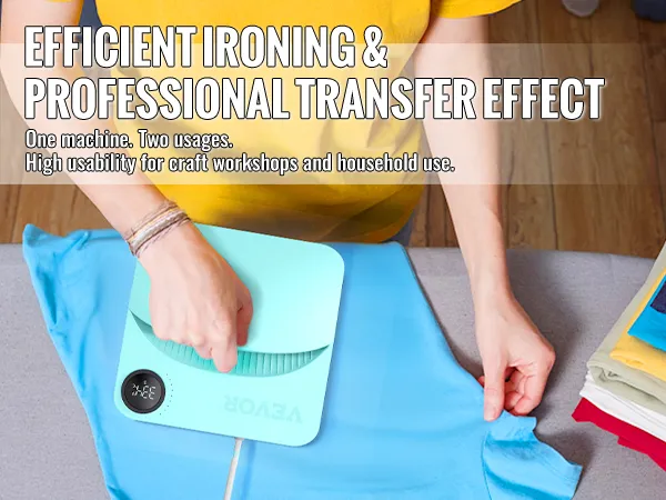 person using VEVOR heat press machine on fabric with folded clothes next to them.