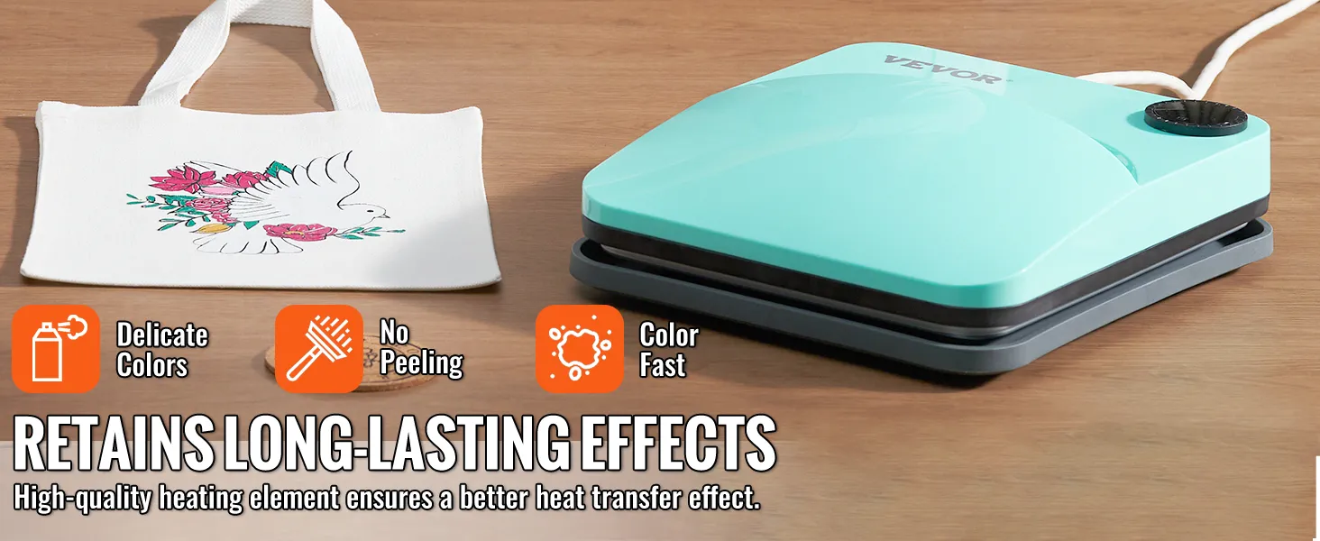 VEVOR heat press machine transferring vibrant design on a tote, emphasizing color retention and no peeling.