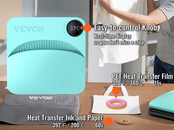 VEVOR heat press machine with easy-to-control knob and real-time display, showcasing transfer settings.