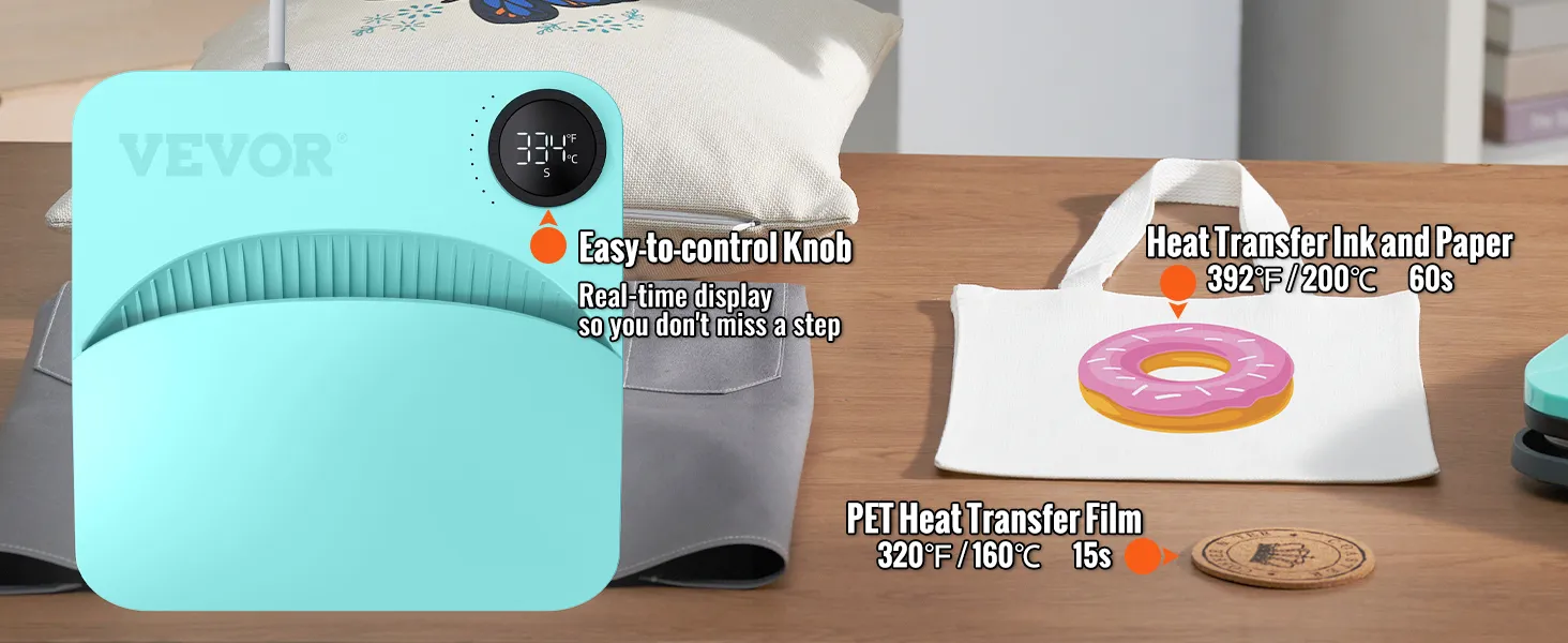 VEVOR heat press machine with easy-to-control knob and real-time display, showcasing transfer settings.