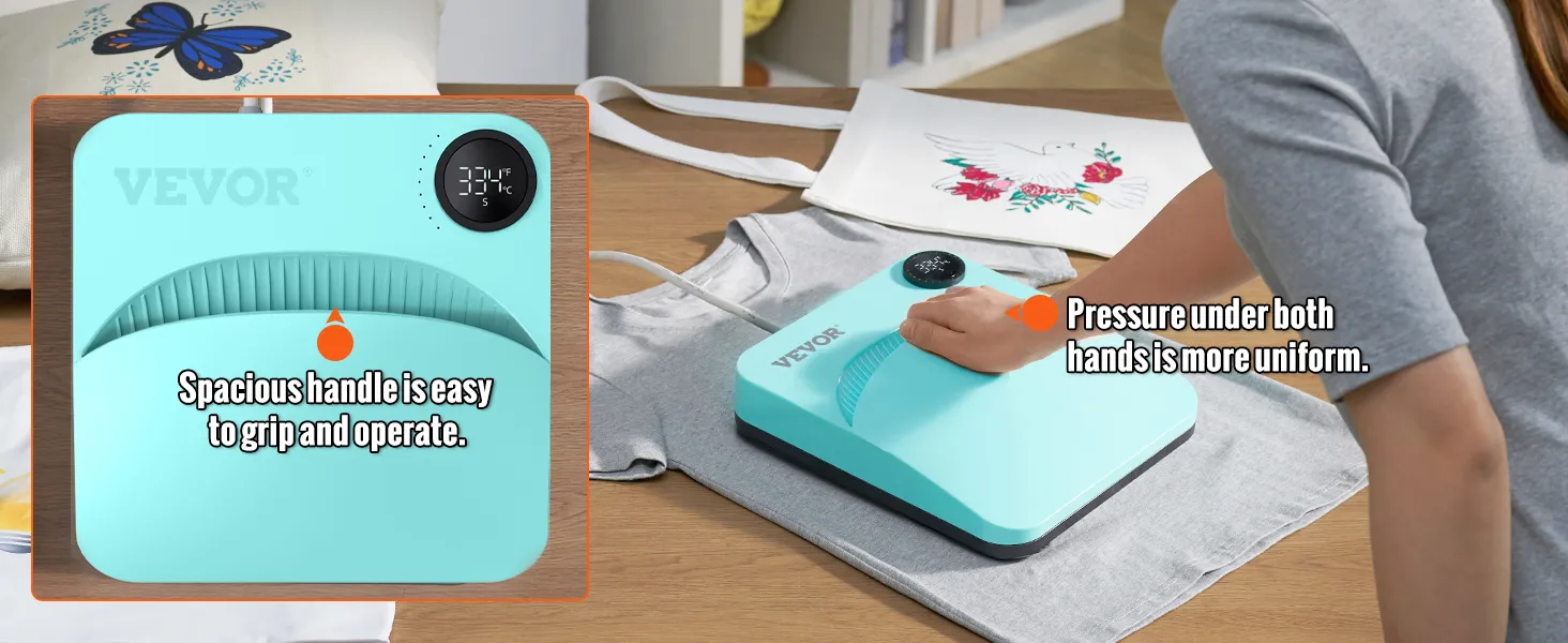 VEVOR heat press machine with easy-grip handle being used to press designs on a tote bag and t-shirt.