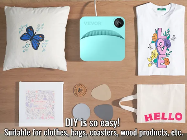 VEVOR heat press machine with diy items: clothes, bags, coasters, wood products, pillow, and cups.