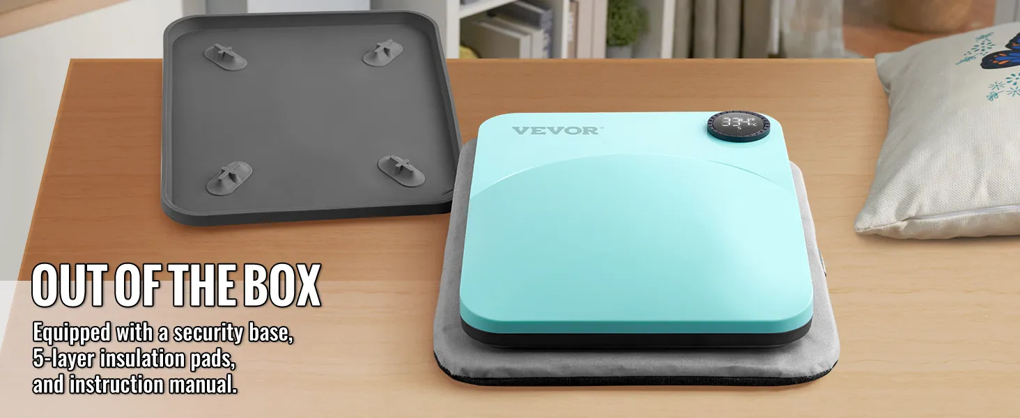 VEVOR heat press machine with security base, insulation pads, and instruction manual on a table.