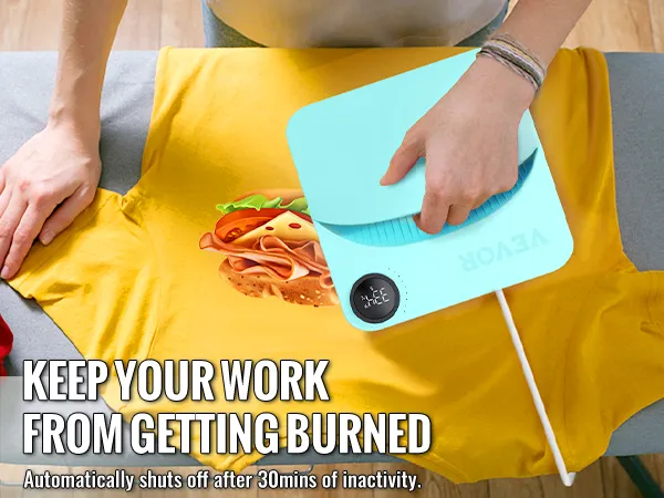 person using a VEVOR heat press machine on a yellow t-shirt with a burger print.