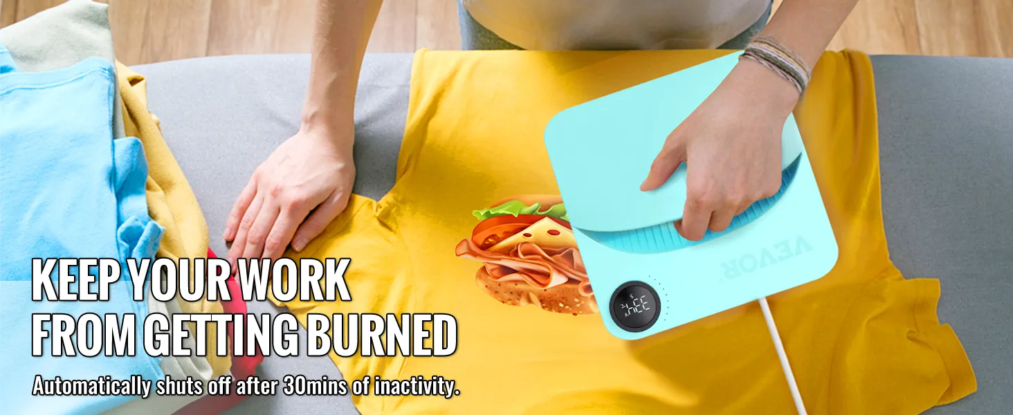person using a VEVOR heat press machine on a yellow t-shirt with a burger print.