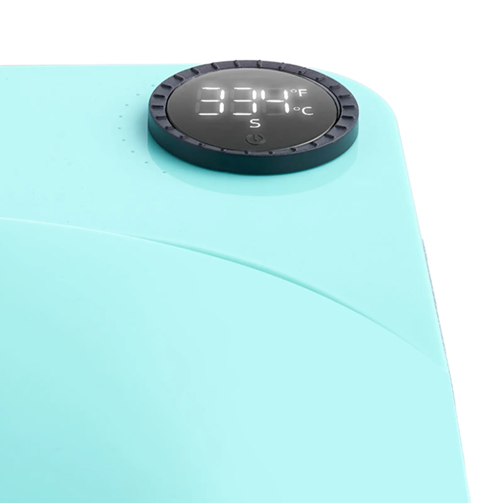 digital display of the turquoise VEVOR heat press machine showing 334°f and temperature controls.