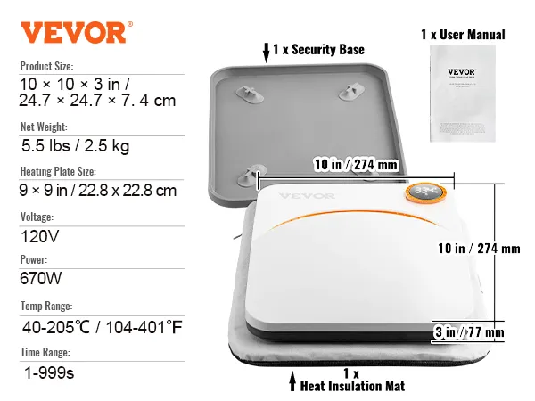 VEVOR heat press machine, 10x10 in, 670w, 120v, includes security base, insulation mat, user manual.