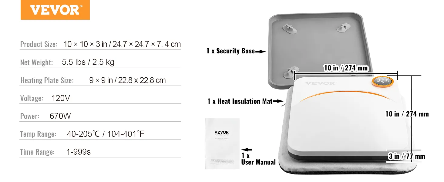 VEVOR heat press machine, 10x10 in, 670w, 120v, includes security base, insulation mat, user manual.