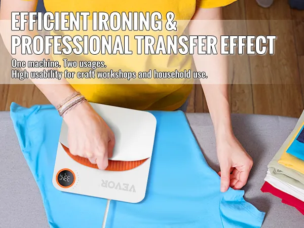 VEVOR heat press machine pressing blue fabric with folded garments nearby, showcasing efficient ironing.