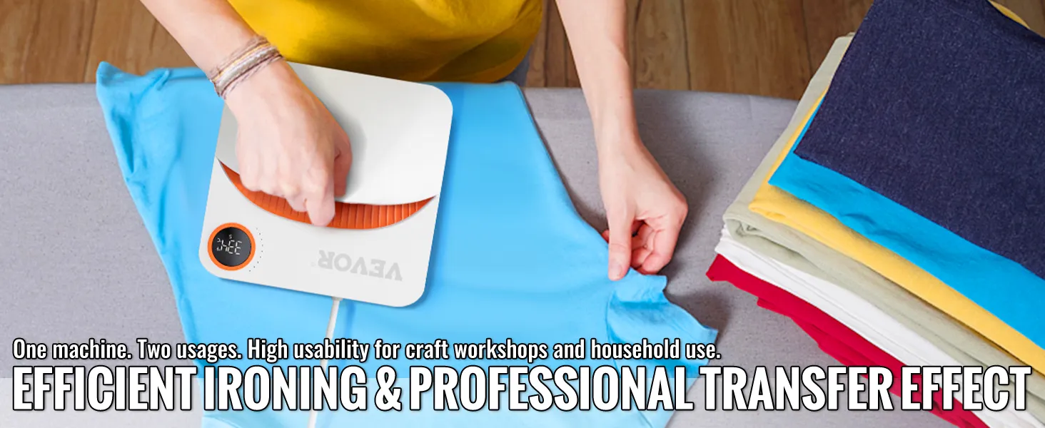 VEVOR heat press machine pressing blue fabric with folded garments nearby, showcasing efficient ironing.