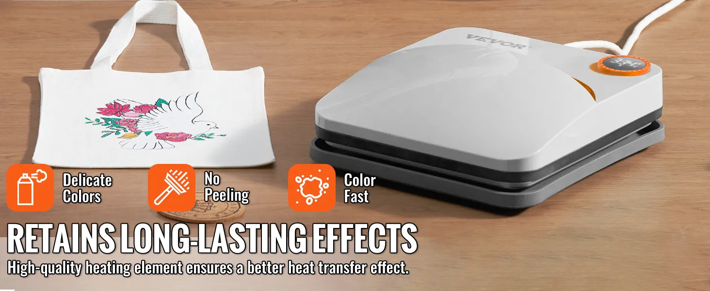 VEVOR heat press machine next to a white tote bag with a colorful bird design, emphasizing vibrant, long-lasting prints.