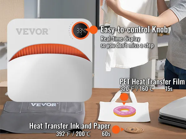 VEVOR heat press machine with easy-to-control knob and real-time display, showcasing heat transfer on a tote.