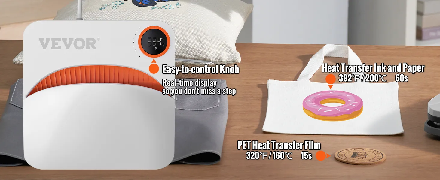 VEVOR heat press machine with easy-to-control knob and real-time display, showcasing heat transfer on a tote.
