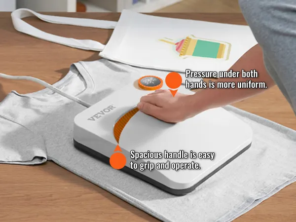 woman using VEVOR heat press machine with spacious handle for uniform pressure on t-shirt design.