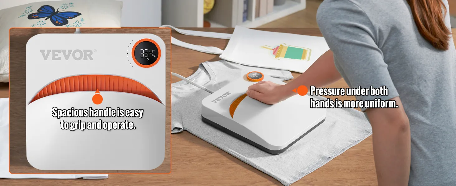 woman using VEVOR heat press machine with spacious handle for uniform pressure on t-shirt design.