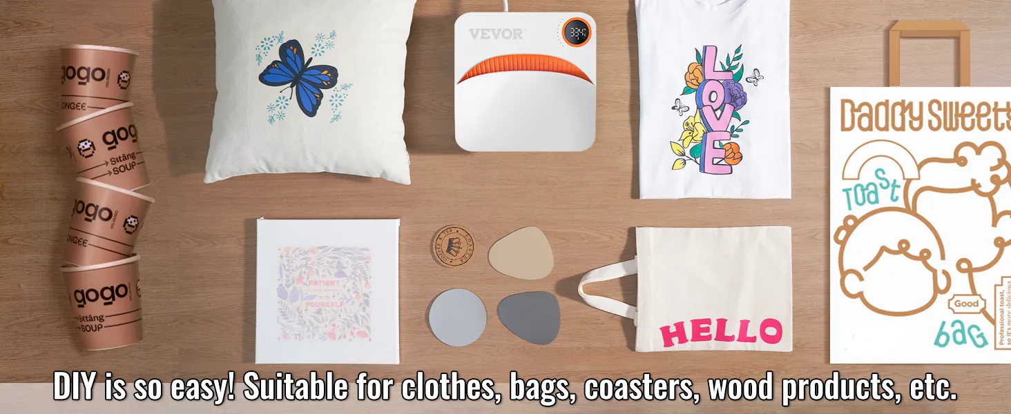 VEVOR heat press machine for easy diy on clothes, bags, coasters, wood products, and more.