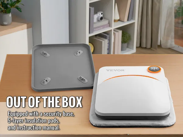 VEVOR heat press machine on a table with security base, insulation pads, and instruction manual.