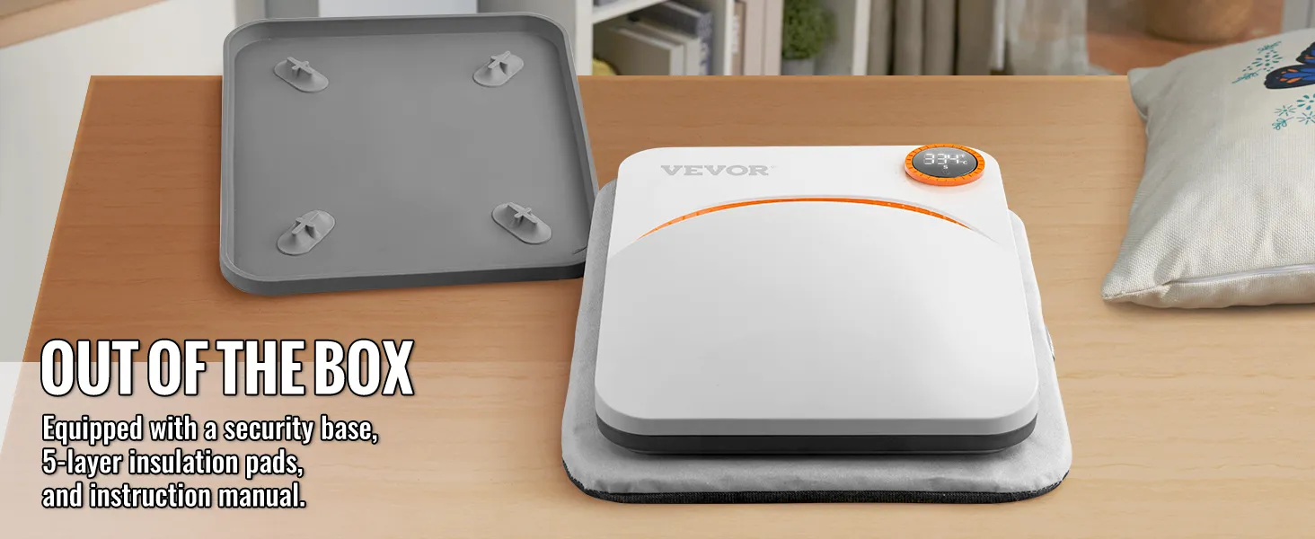 VEVOR heat press machine on a table with security base, insulation pads, and instruction manual.