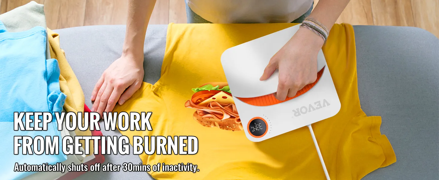 VEVOR heat press machine pressing a yellow shirt with hamburger design, emphasizing safety feature.