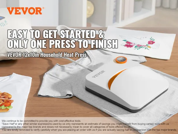 VEVOR heat press machine on a grey t-shirt with easy-to-use message and sandwich design.