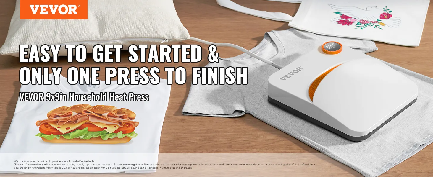 VEVOR heat press machine on a grey t-shirt with easy-to-use message and sandwich design.