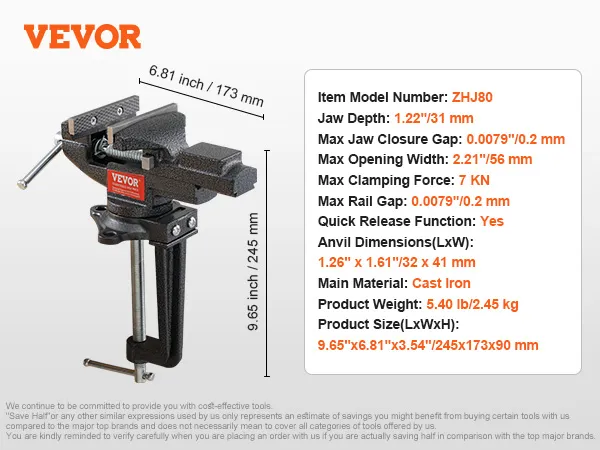 VEVOR bench vise model zhj80, cast iron, 9.65"x6.81"x3.54", 5.40 lb, quick release, 7 kn force.