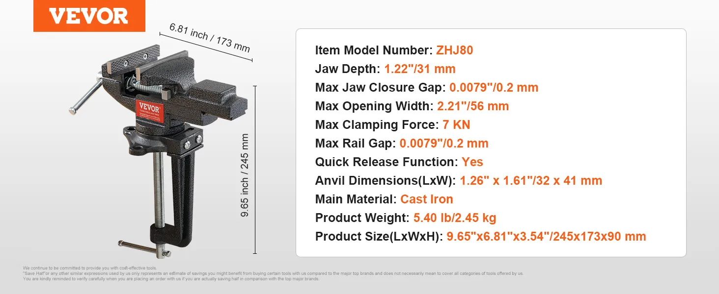 VEVOR bench vise model zhj80, cast iron, 9.65"x6.81"x3.54", 5.40 lb, quick release, 7 kn force.