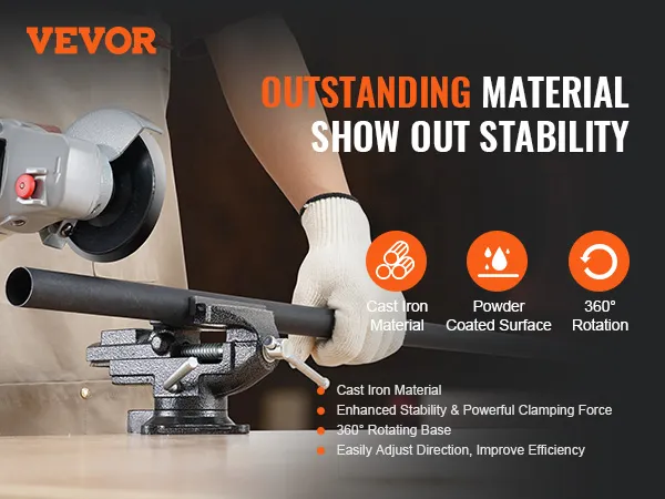 worker using an angle grinder on a pipe clamped in a VEVOR bench vise emphasizing stability and rotation.